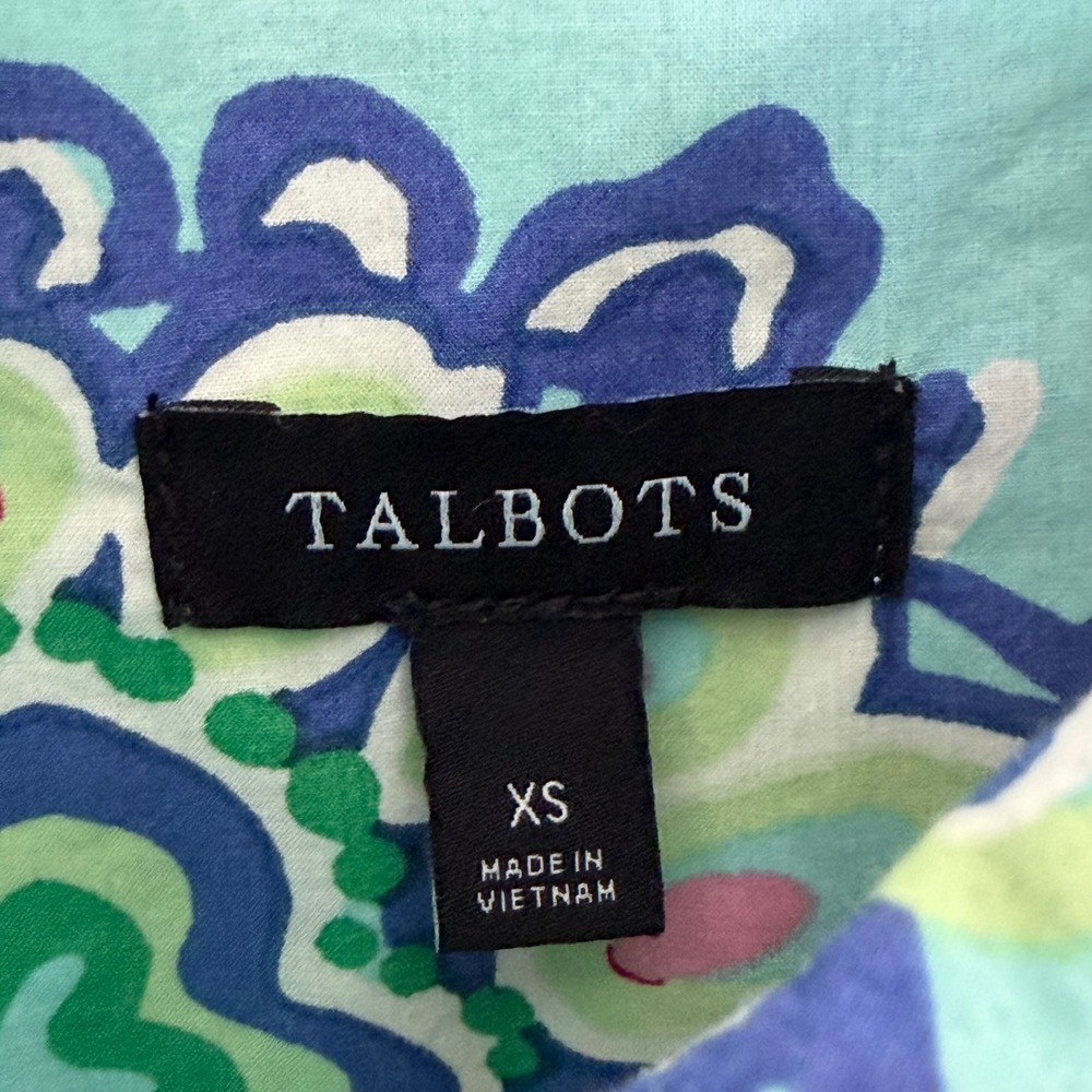 Talbots Button Up Blouse Shirt XS Teal Paisley Long Sleeve 100% Cotton Coastal - Picture 3 of 10